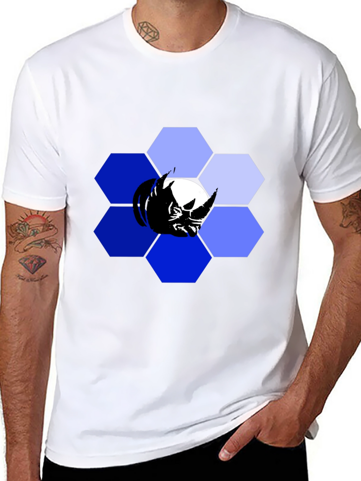 Hexagon Rhino Graphic Tee - Modern Mens Black T-Shirt