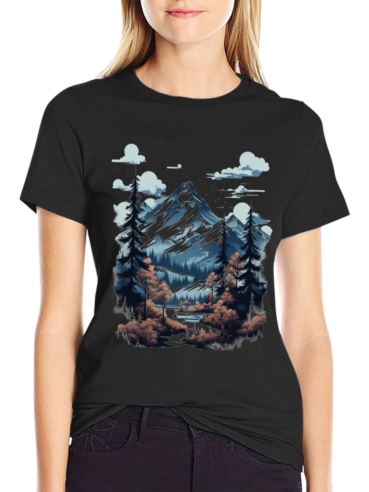 Mountain Scene Graphic Tee - Black Cotton Blend