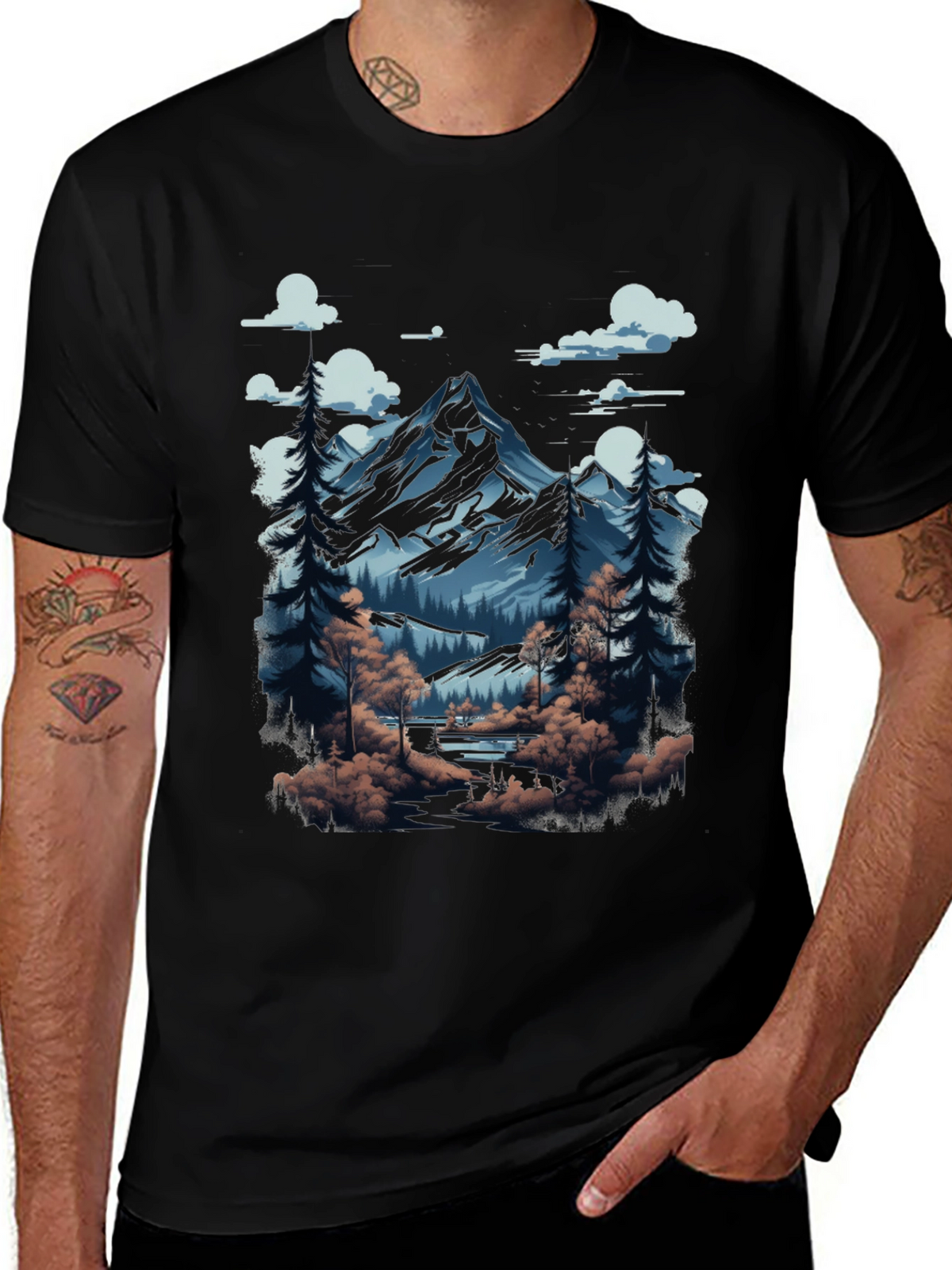 Mountain Scene Graphic Tee - Black Cotton Blend