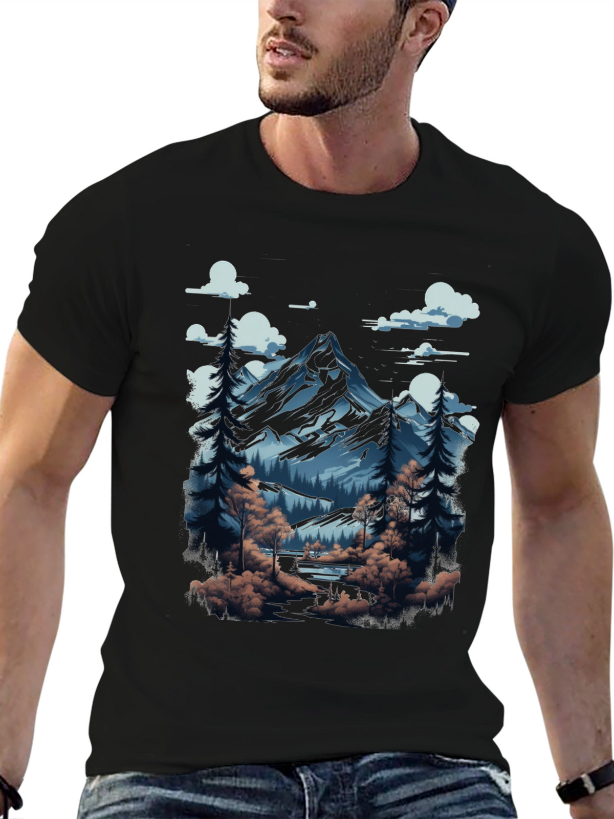 Mountain Scene Graphic Tee - Black Cotton Blend