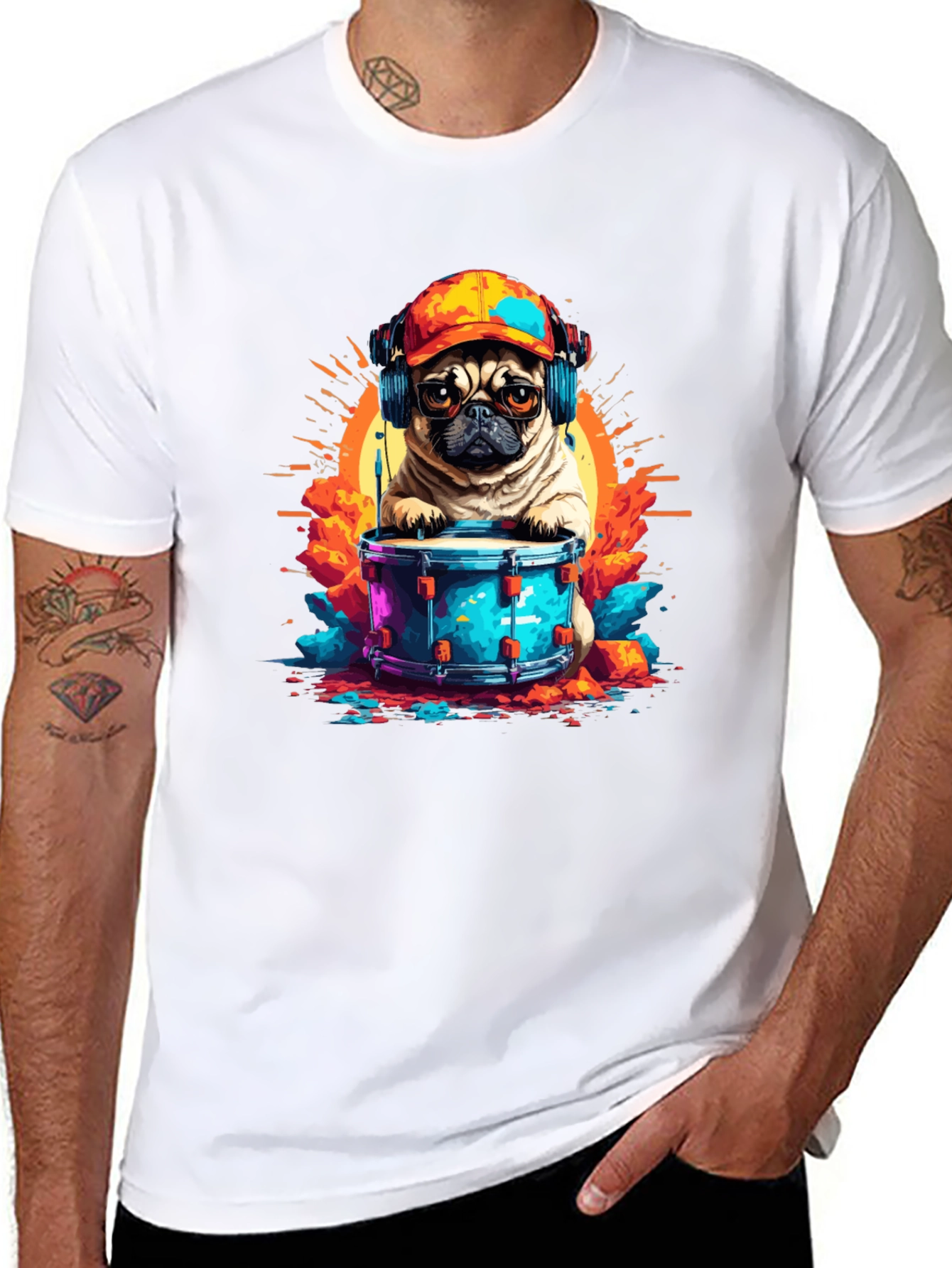 Drummer Pug Graphic T-Shirt