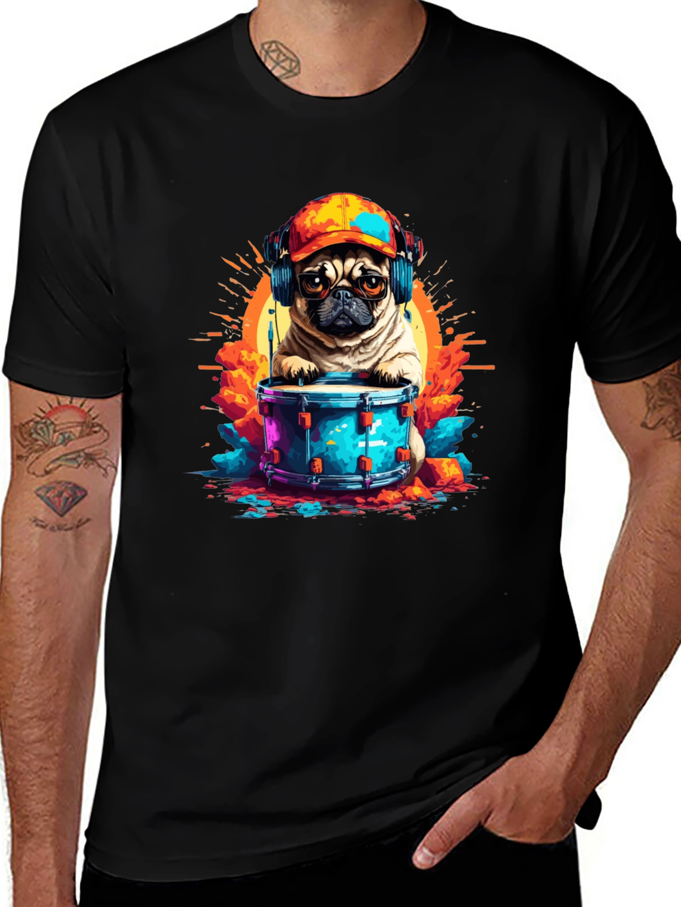 Drummer Pug Graphic T-Shirt