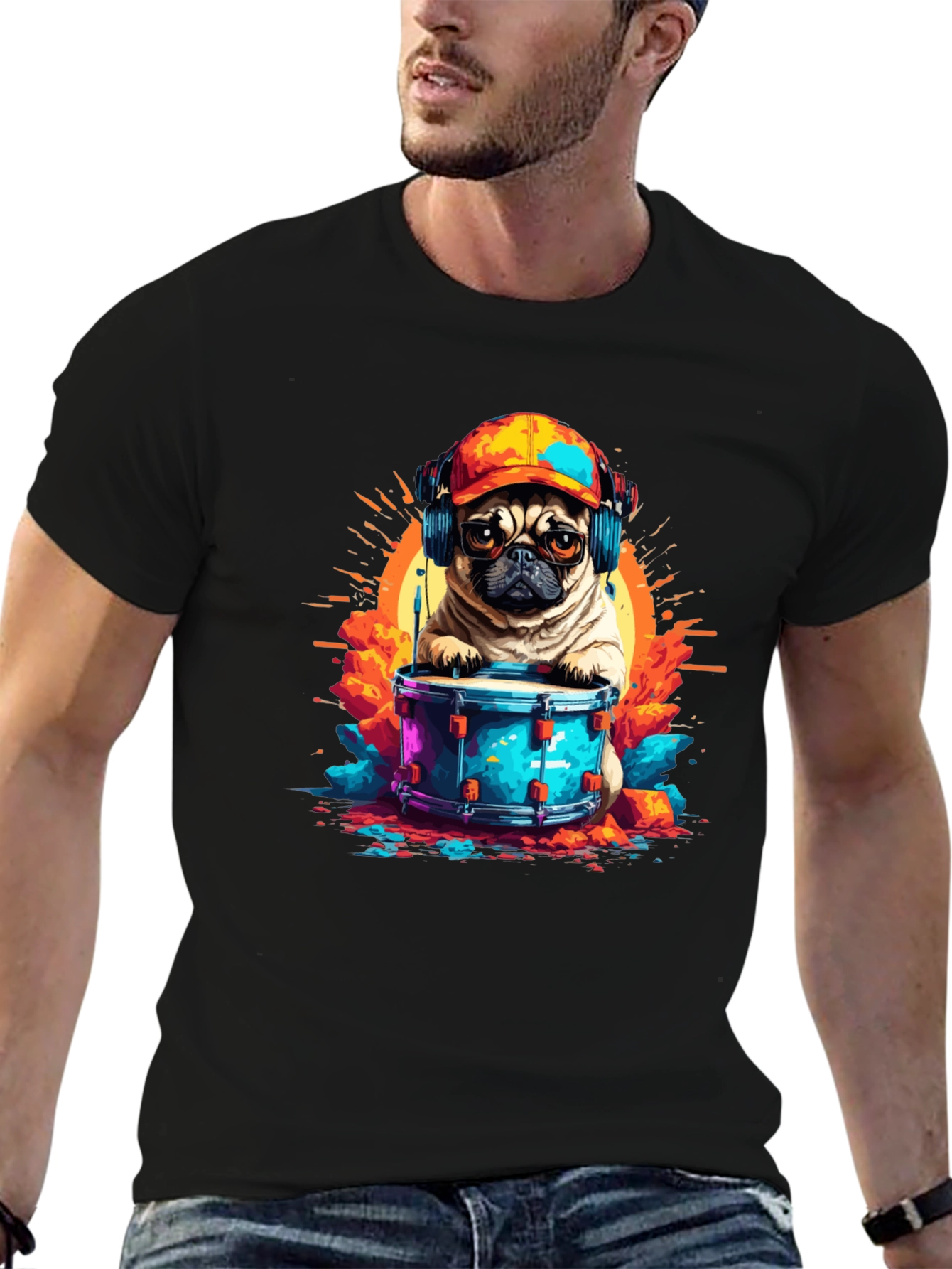 Drummer Pug Graphic T-Shirt