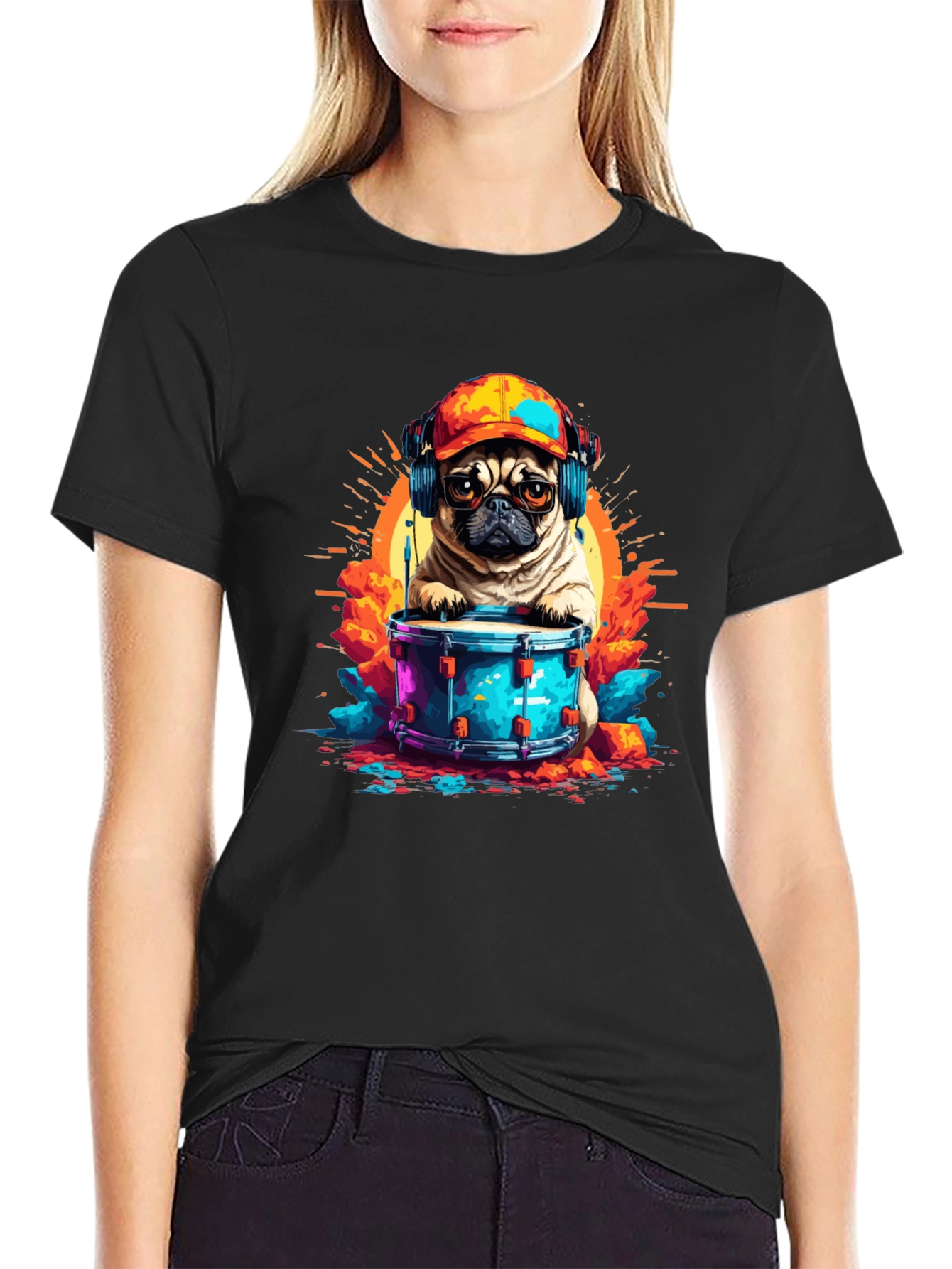 Drummer Pug Graphic T-Shirt