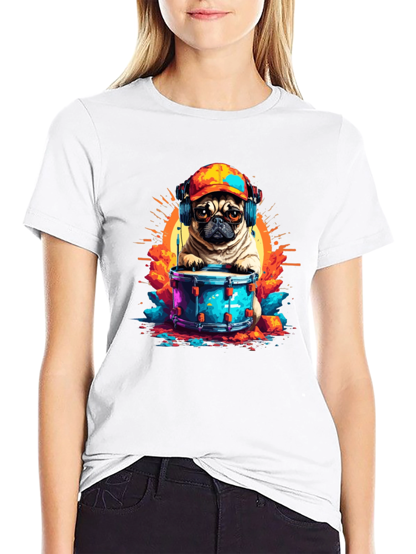 Drummer Pug Graphic T-Shirt