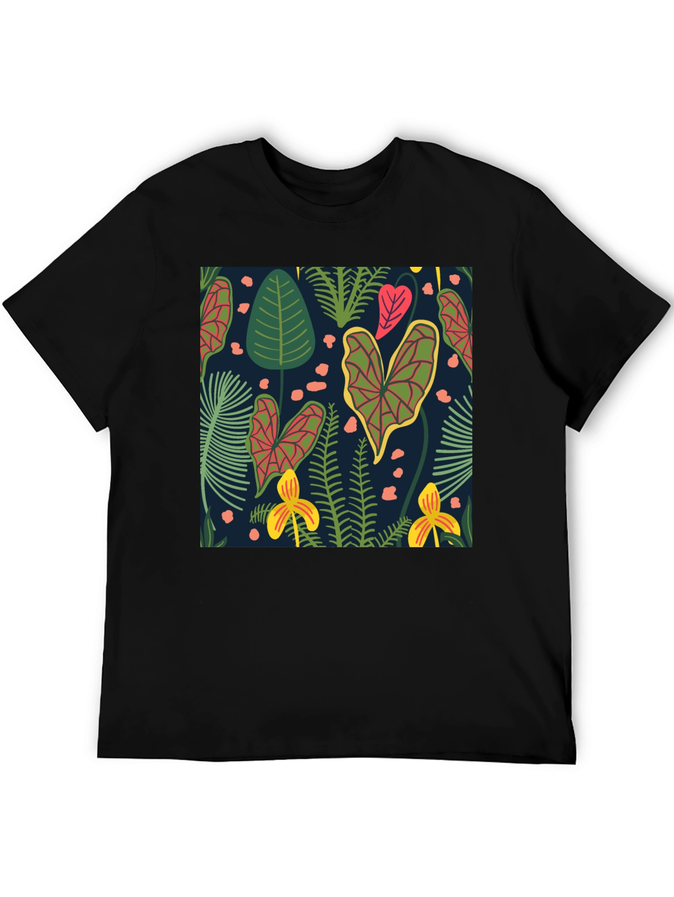 Tropical Plant Print Black T-Shirt