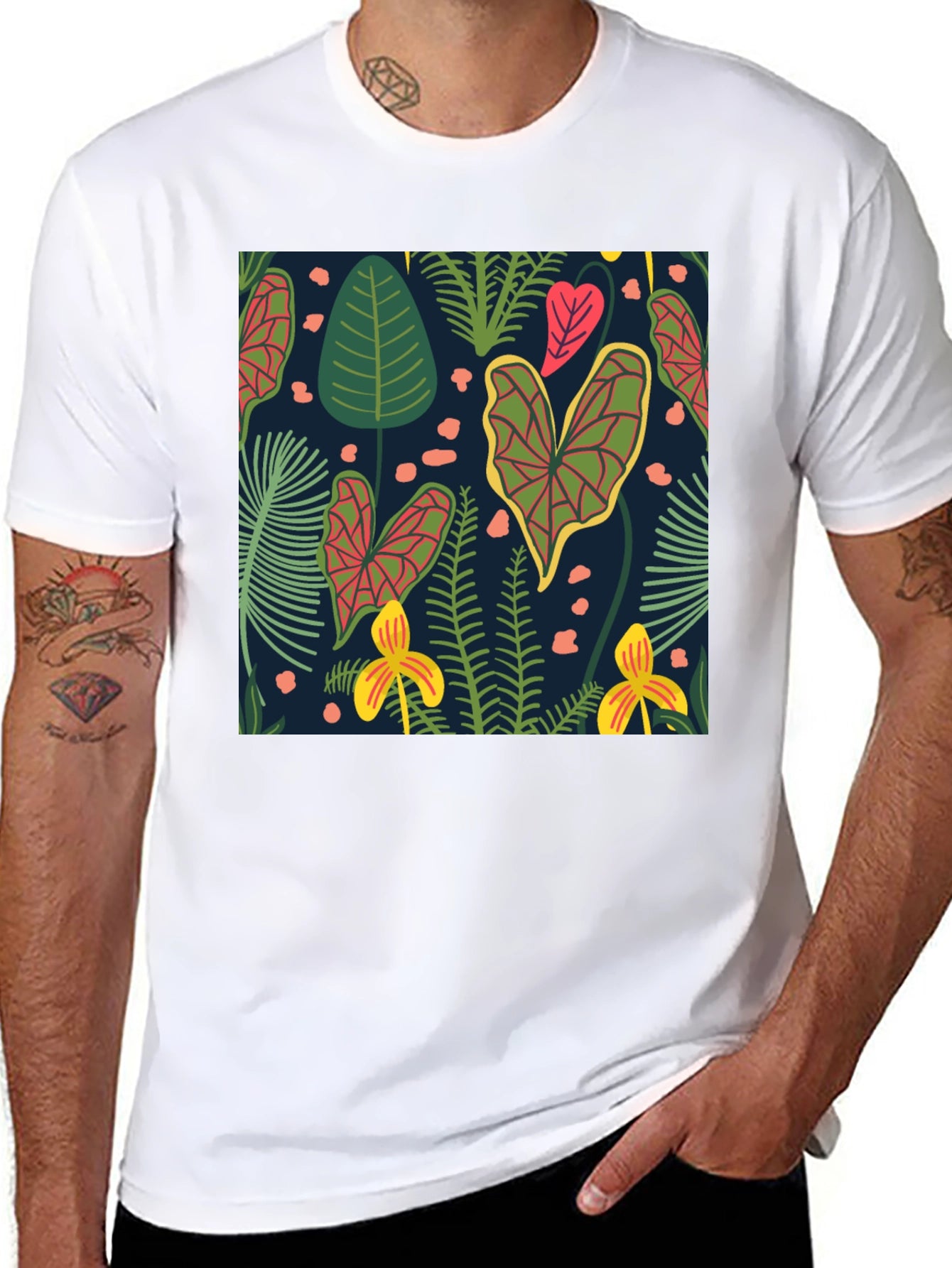 Tropical Plant Print Black T-Shirt