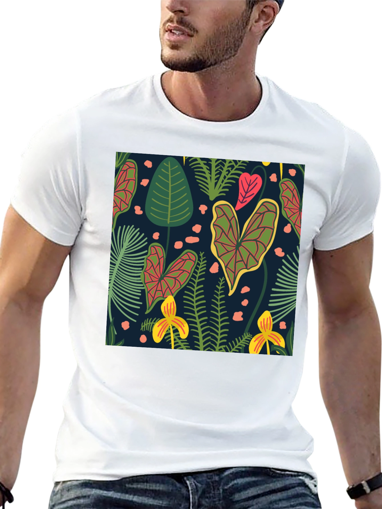 Tropical Plant Print Black T-Shirt