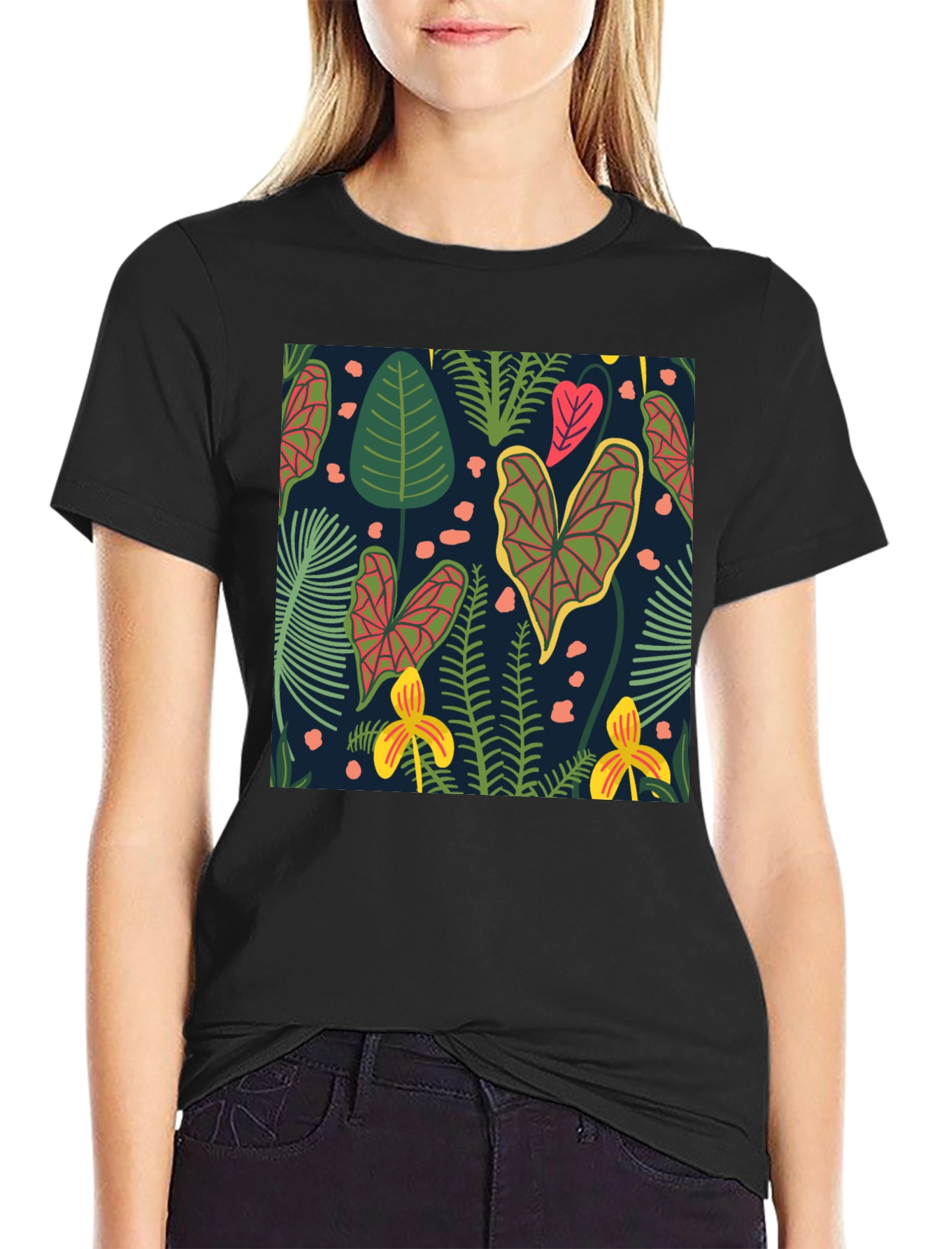 Tropical Plant Print Black T-Shirt