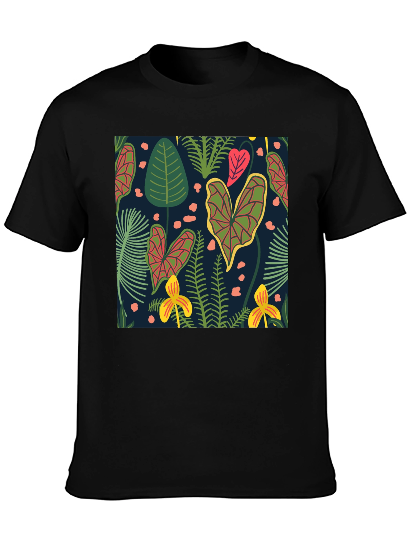 Tropical Plant Print Black T-Shirt