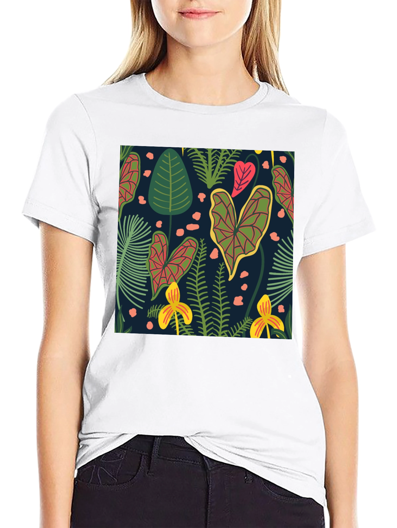 Tropical Plant Print Black T-Shirt