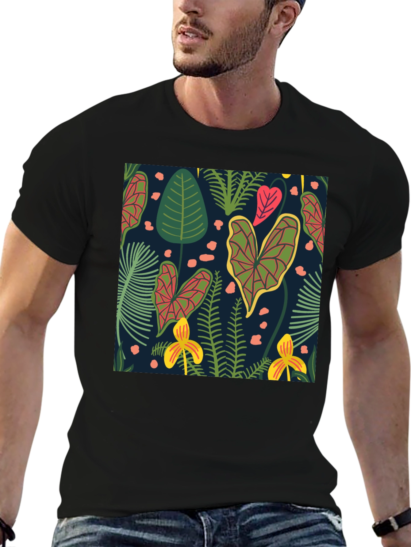 Tropical Plant Print Black T-Shirt
