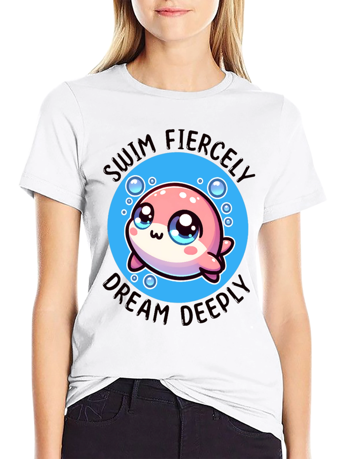 Swim Fiercely Dream Deeply Kawaii Dolphin T-Shirt