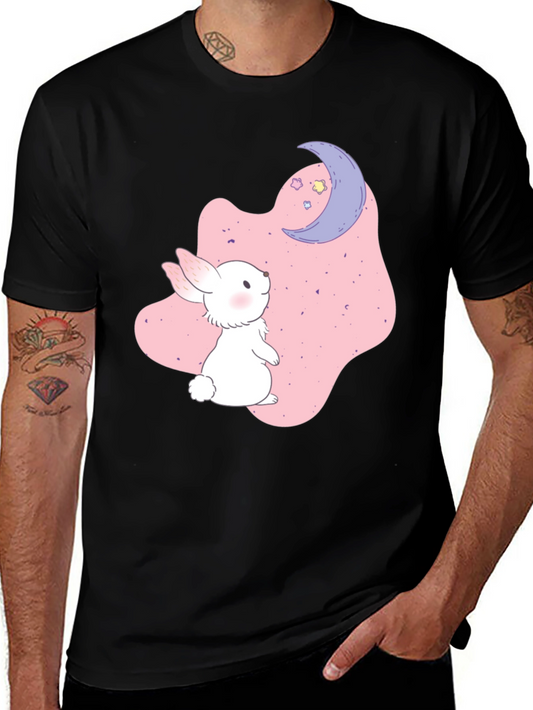 Cute Bunny & Moon Graphic Black T-Shirt