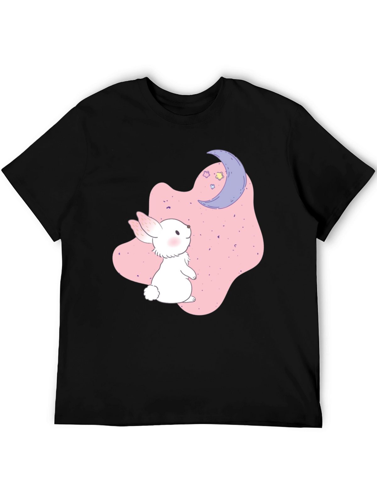Cute Bunny & Moon Graphic Black T-Shirt