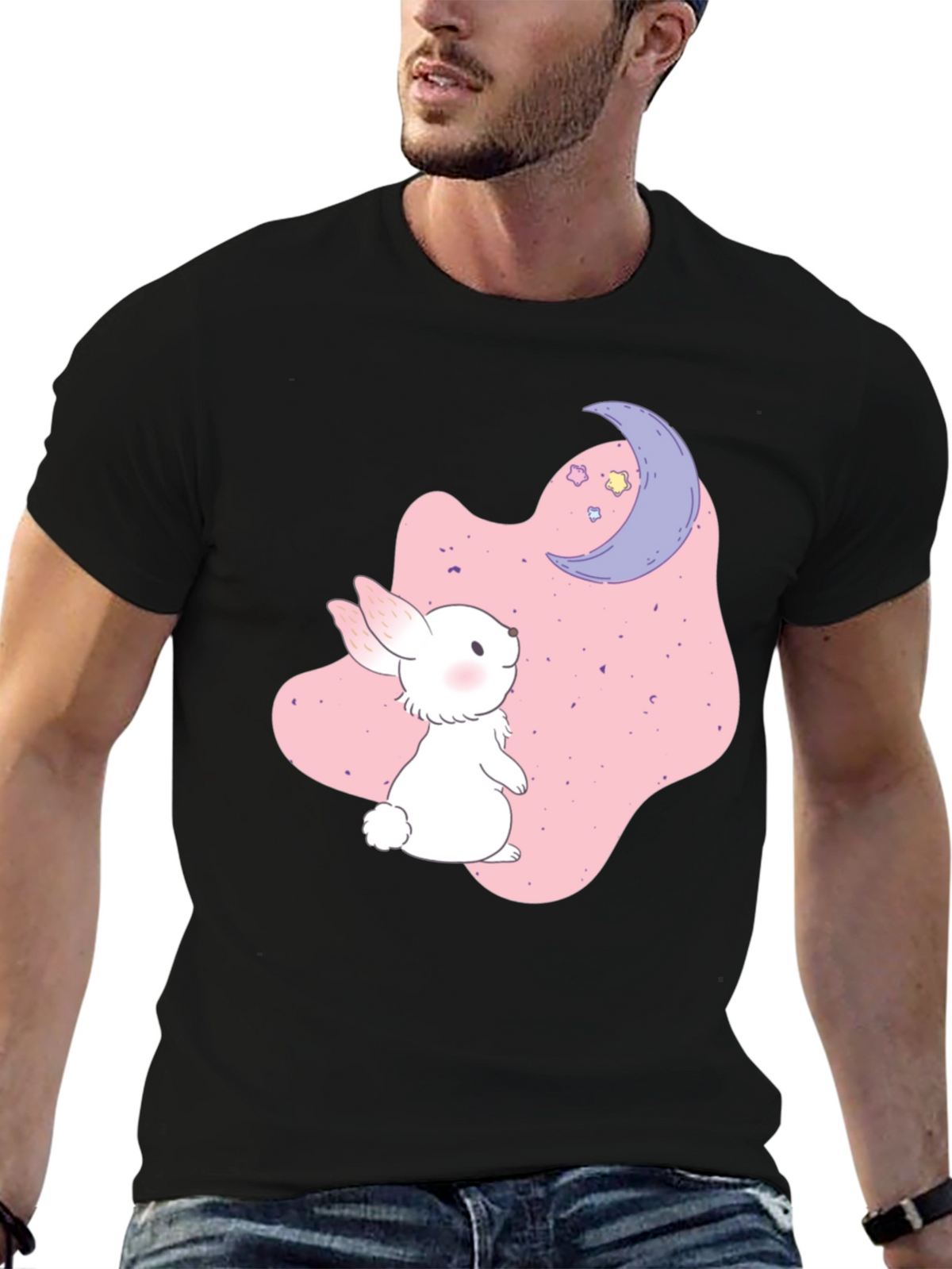 Cute Bunny & Moon Graphic Black T-Shirt