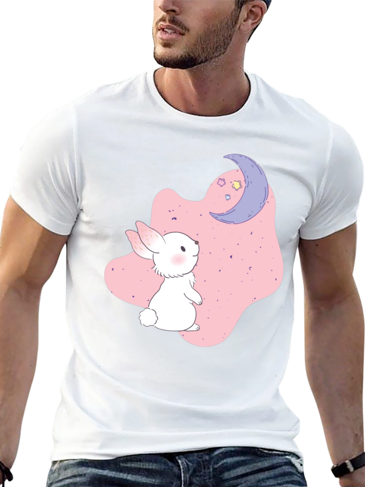 Cute Bunny & Moon Graphic Black T-Shirt