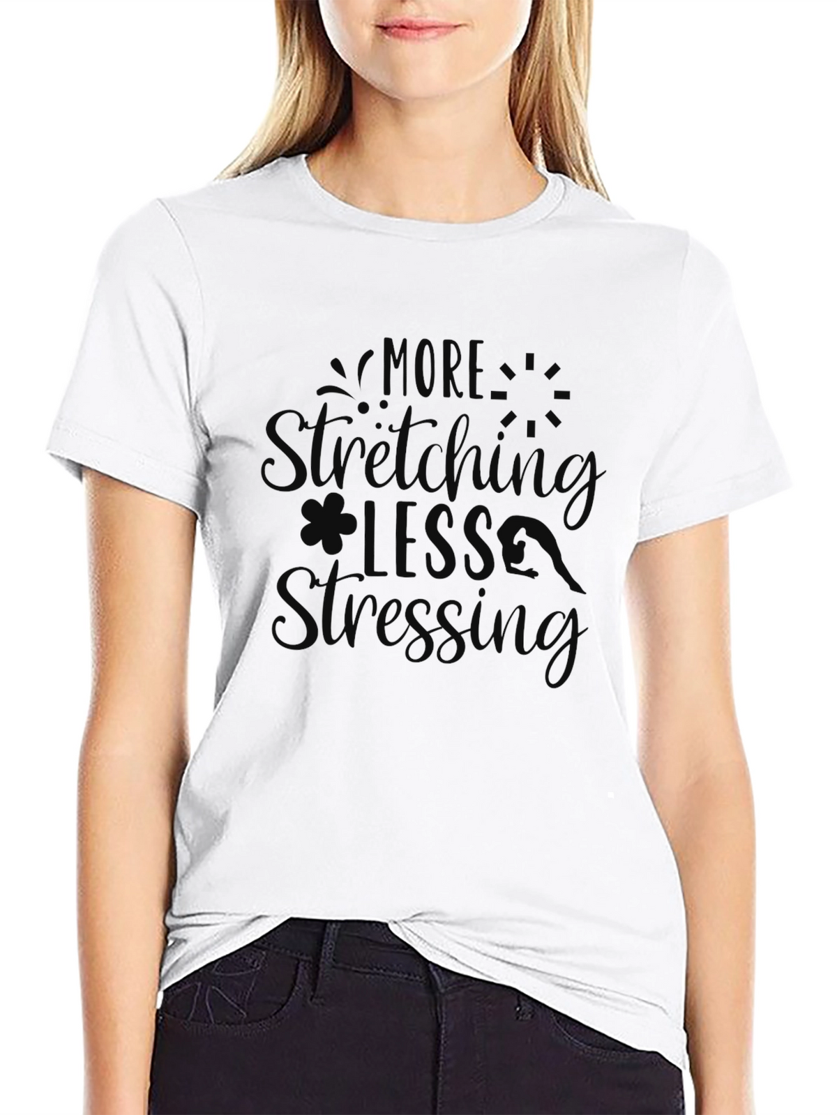 More Stretching Less Stressing Black Graphic Tee