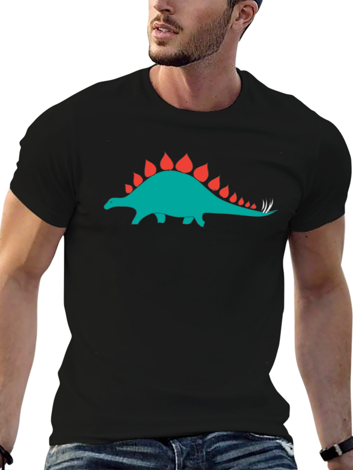 Black T-Shirt with Dinosaur Stegosaurus Graphic