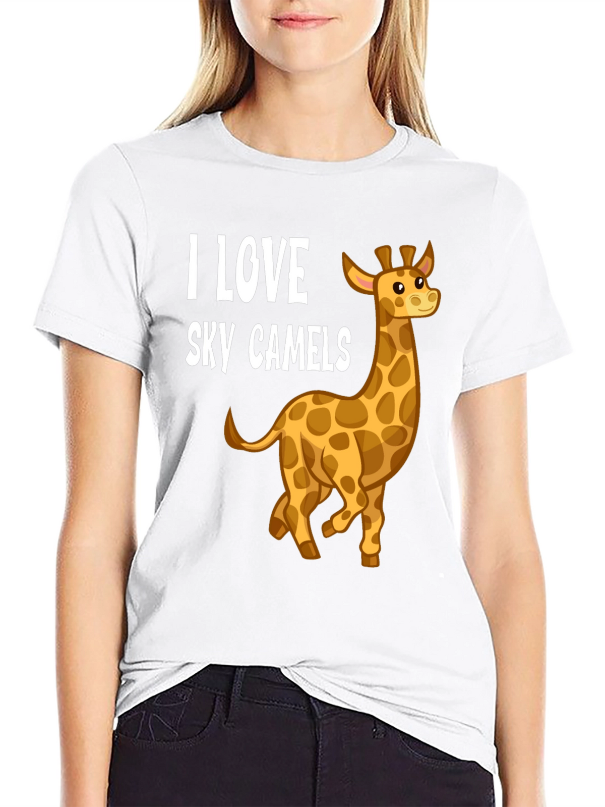 I Love Sky Camels Giraffe Graphic Black T-Shirt