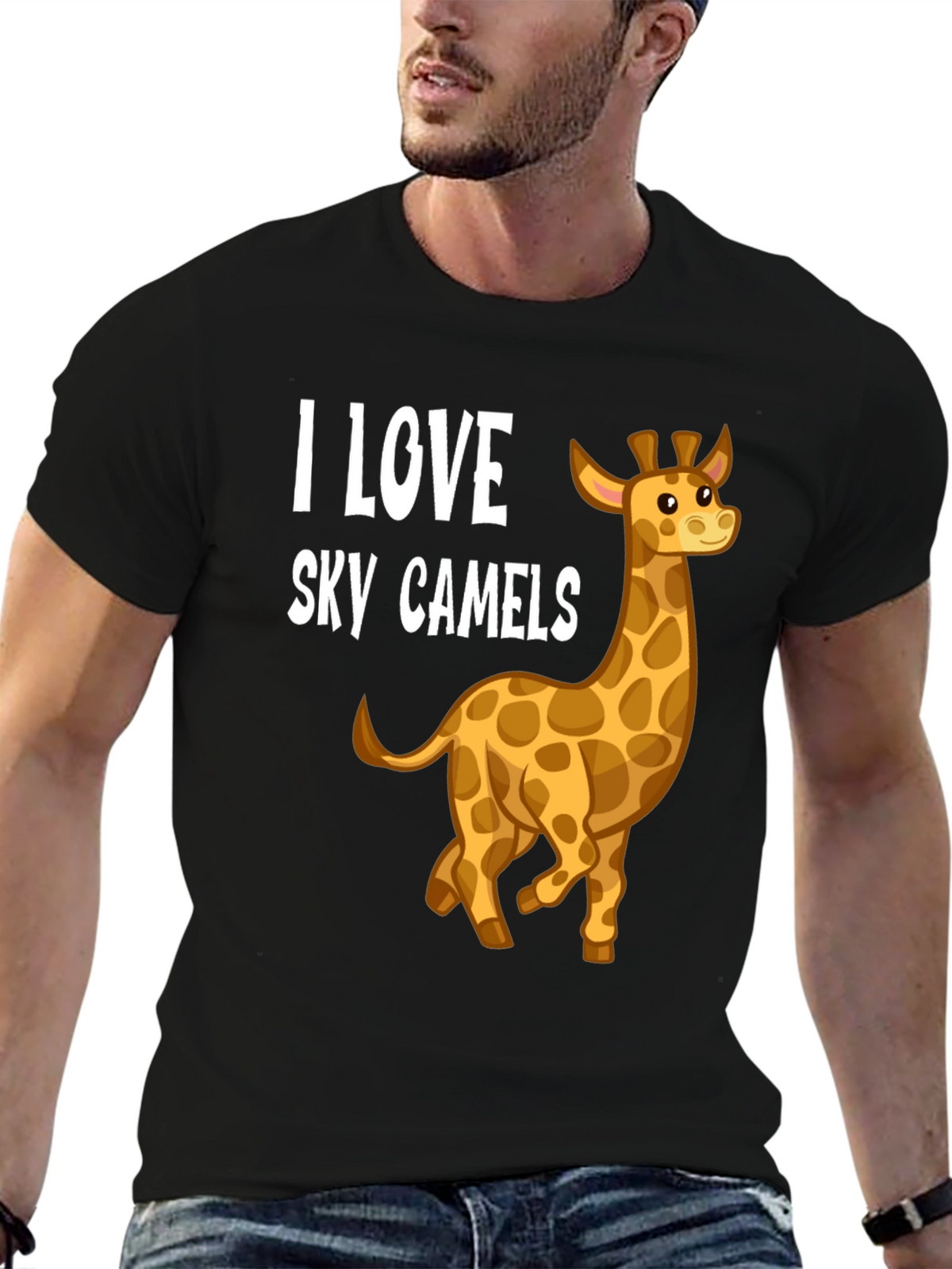 I Love Sky Camels Giraffe Graphic Black T-Shirt
