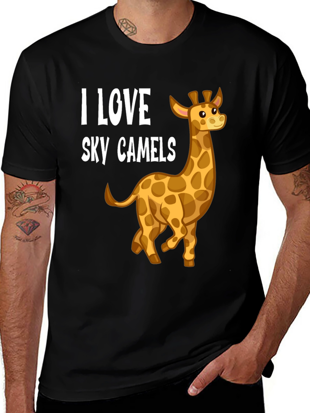 I Love Sky Camels Giraffe Graphic Black T-Shirt
