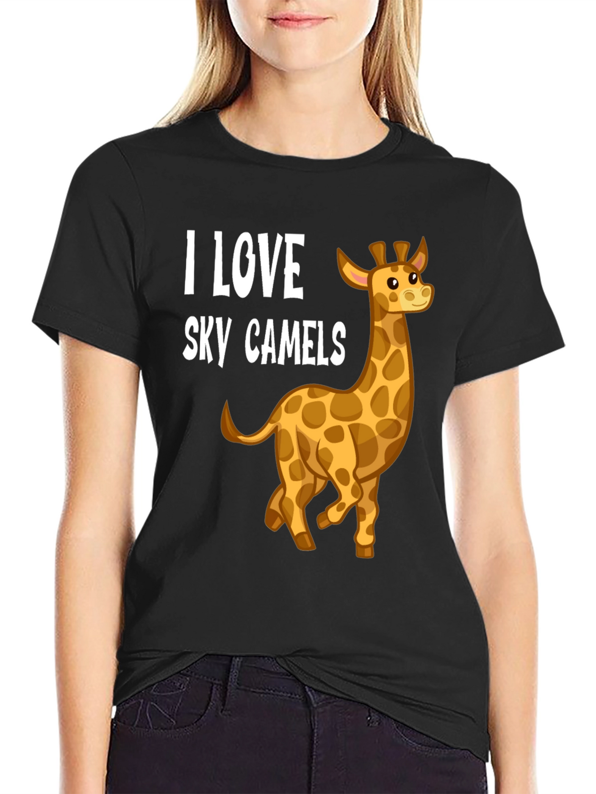 I Love Sky Camels Giraffe Graphic Black T-Shirt