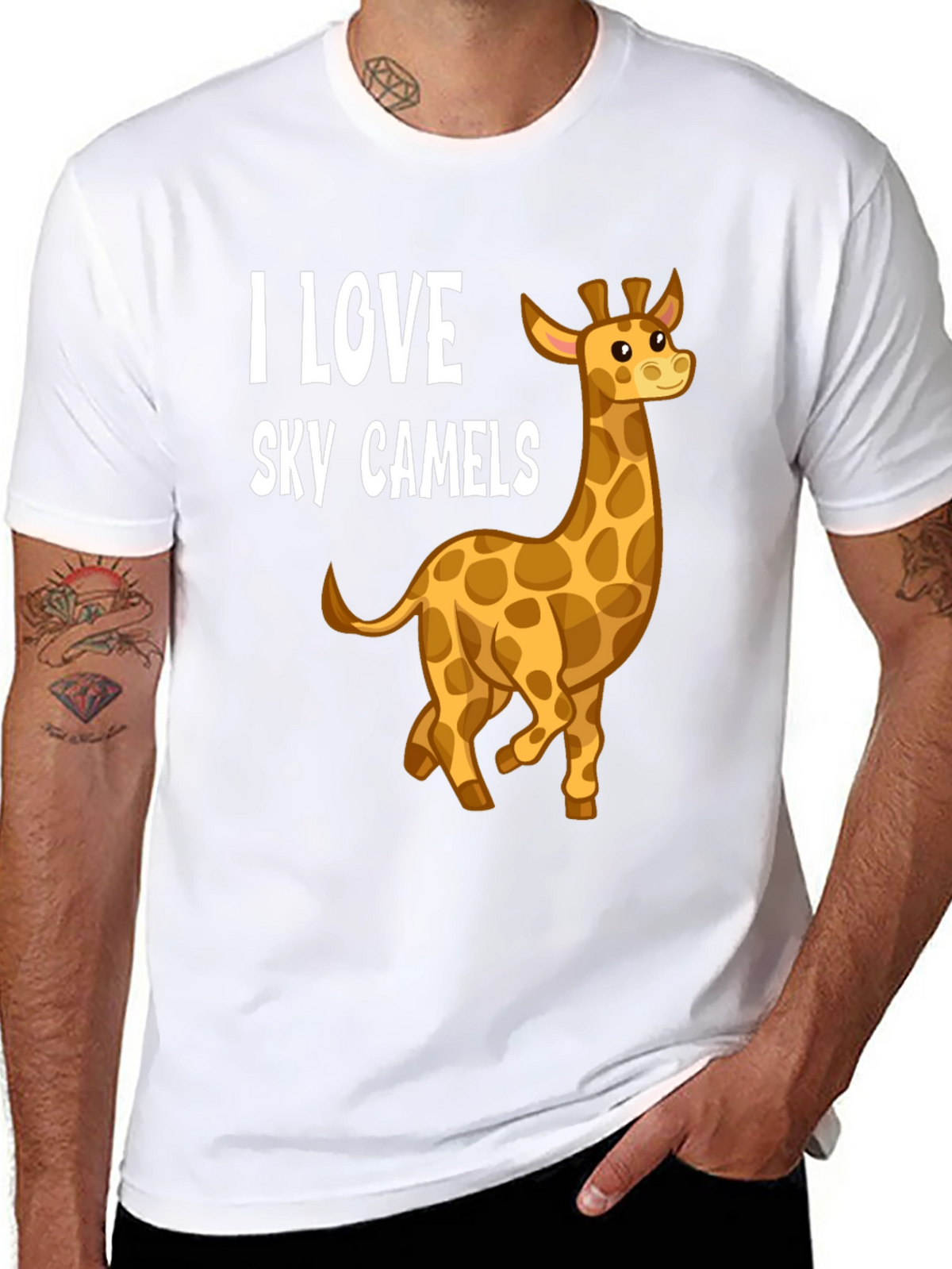 I Love Sky Camels Giraffe Graphic Black T-Shirt