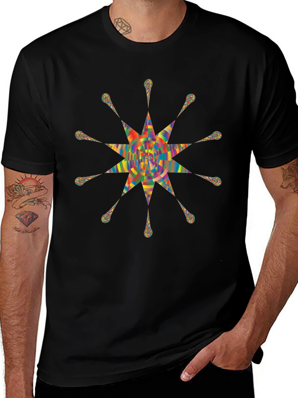 Geometric Starburst Graphic Print Black T-Shirt