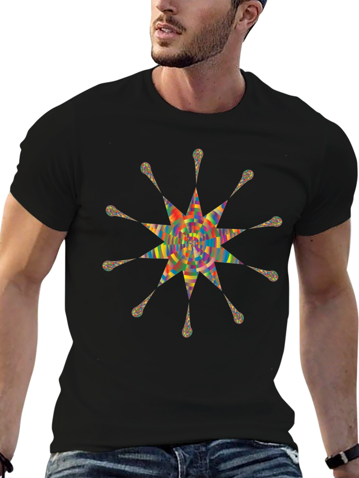 Geometric Starburst Graphic Print Black T-Shirt