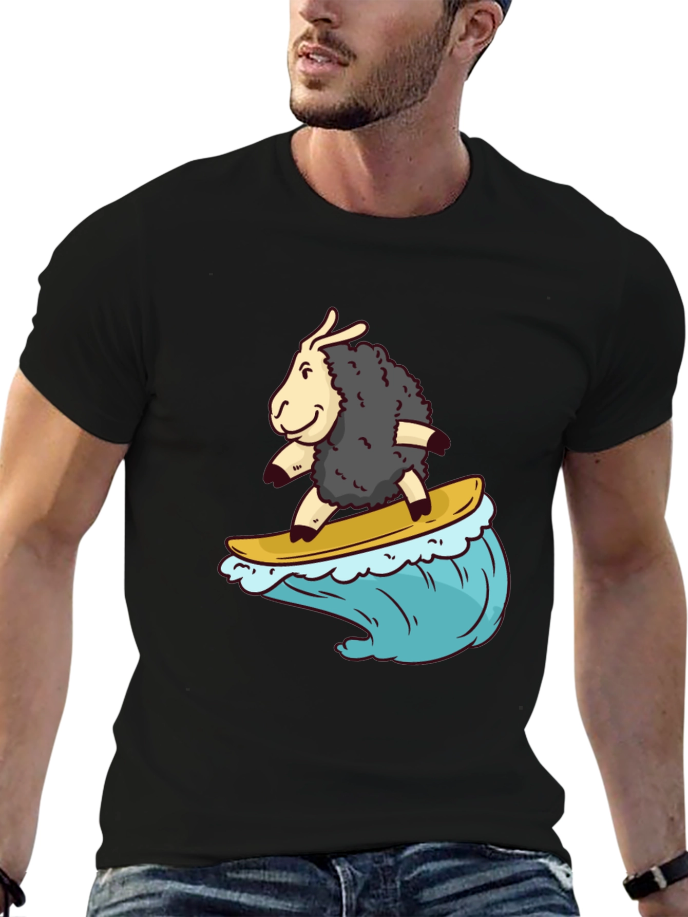 Surfing Sheep T-Shirt - Black Cotton Tee