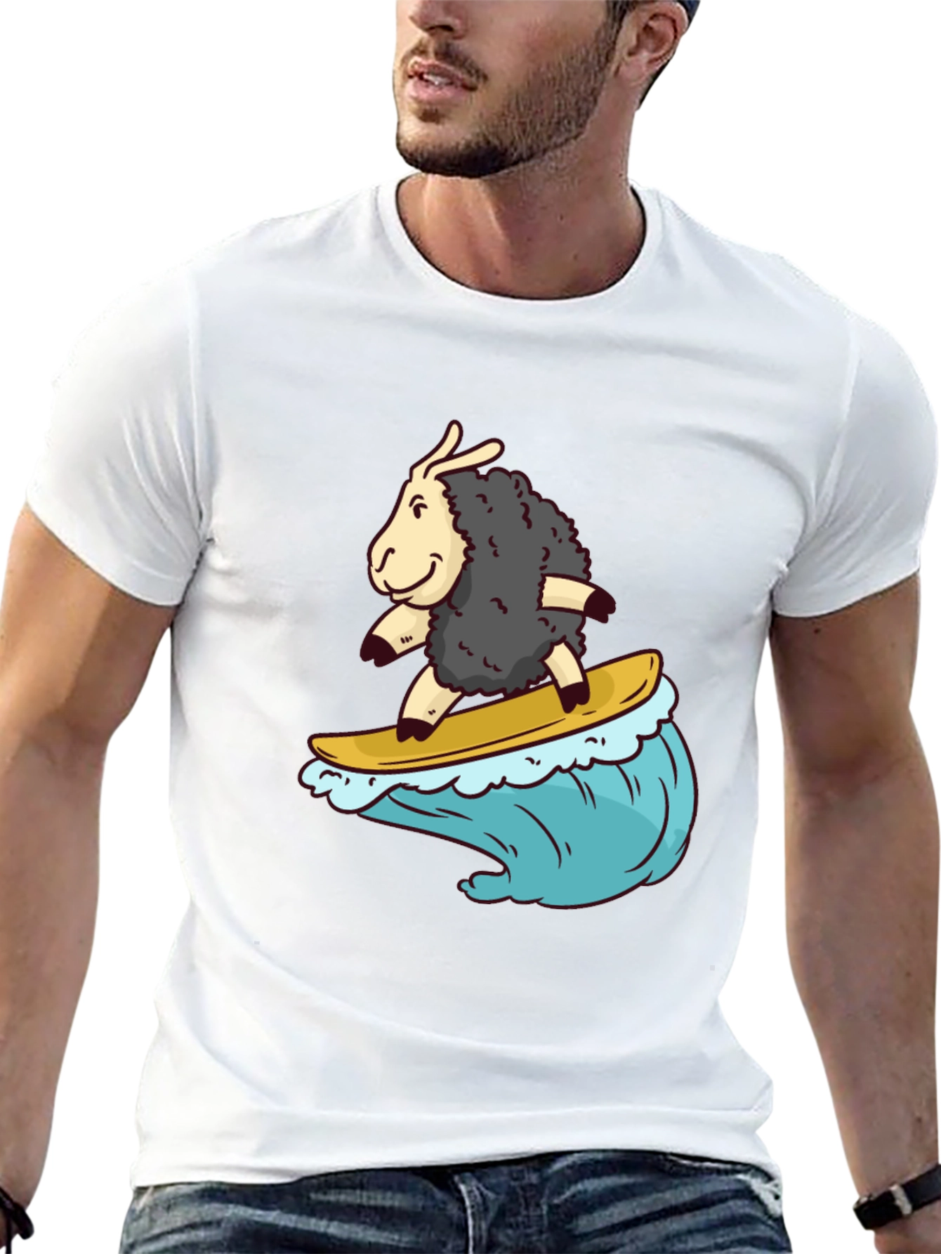 Surfing Sheep T-Shirt - Black Cotton Tee