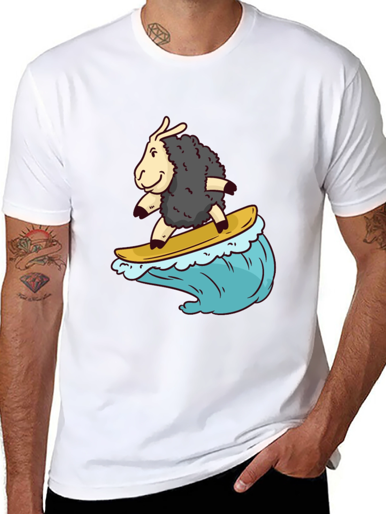 Surfing Sheep T-Shirt - Black Cotton Tee