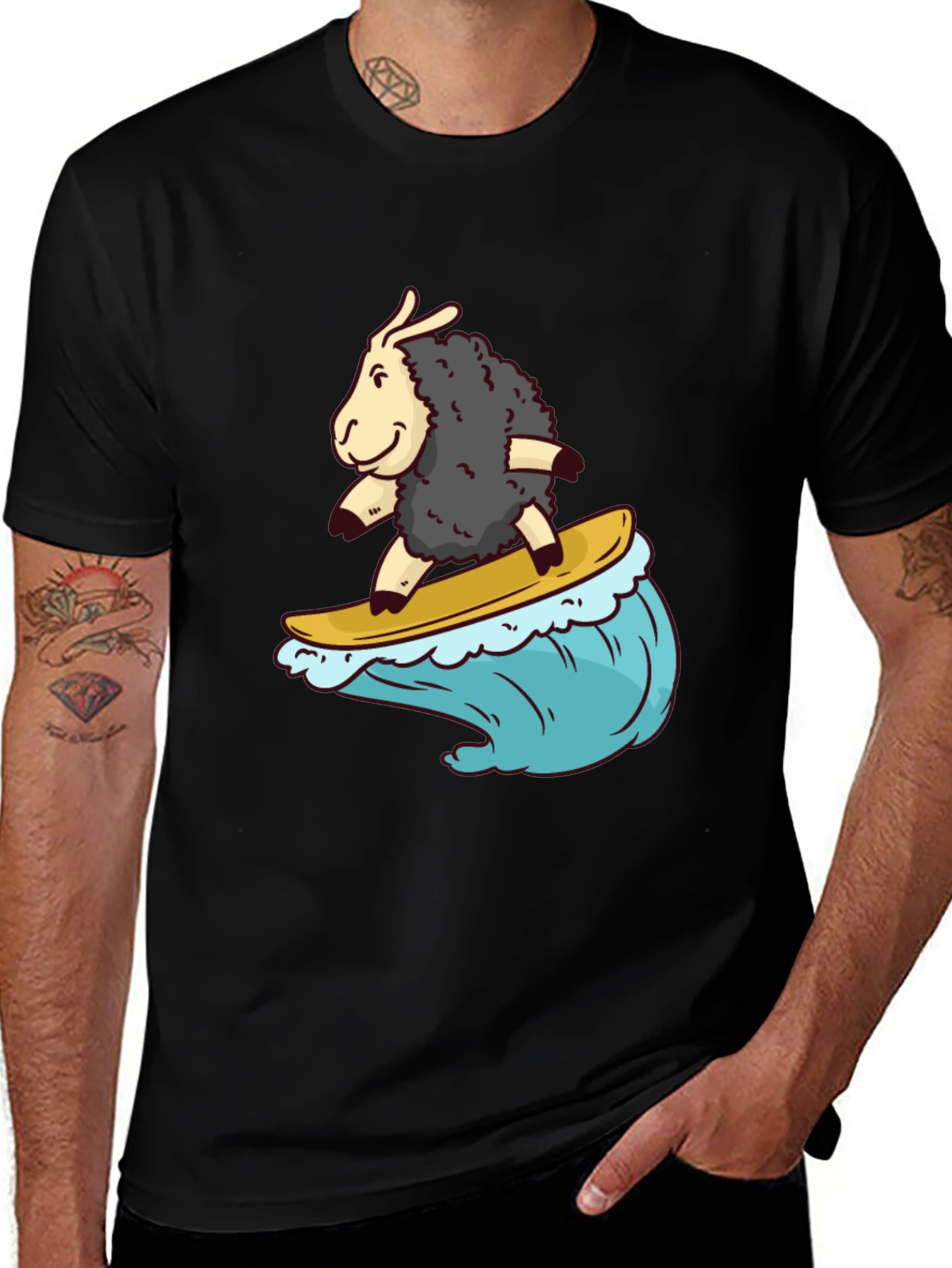 Surfing Sheep T-Shirt - Black Cotton Tee