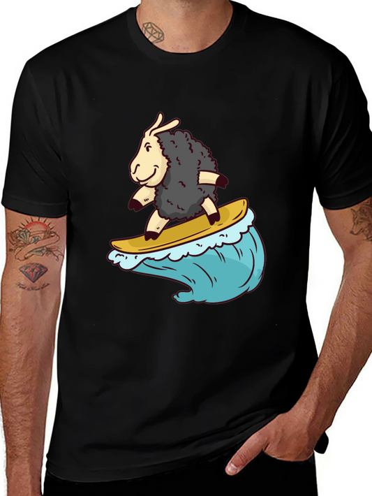 Surfing Sheep T-Shirt - Black Cotton Tee