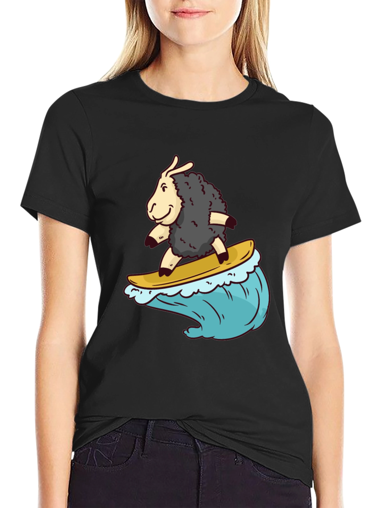 Surfing Sheep T-Shirt - Black Cotton Tee