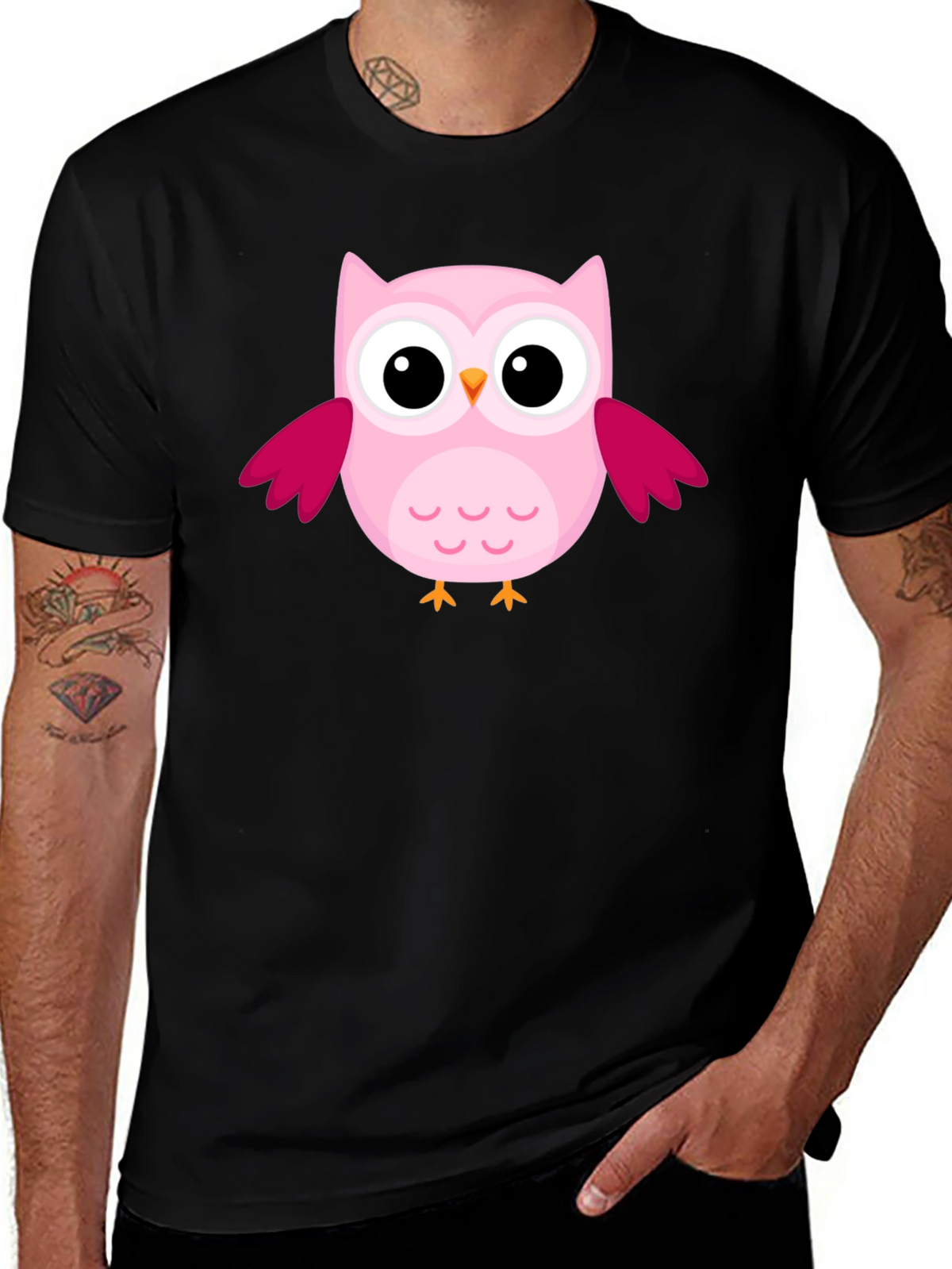 Cute Pink Owl Graphic Black T-Shirt