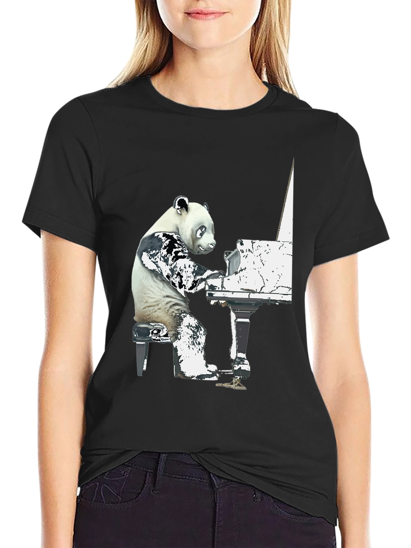 Panda Pianist Graphic Tee - Black Cotton Blend