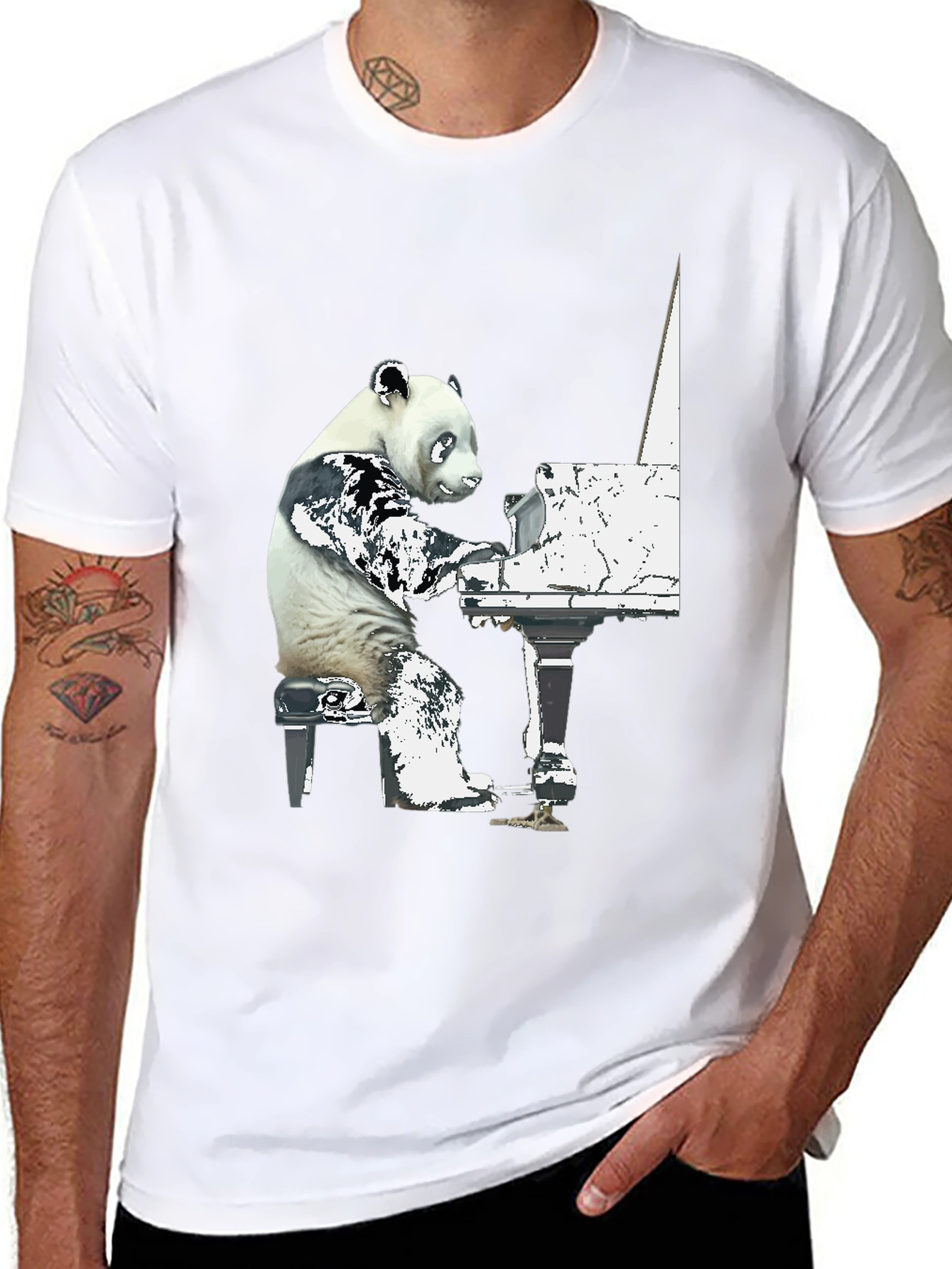 Panda Pianist Graphic Tee - Black Cotton Blend