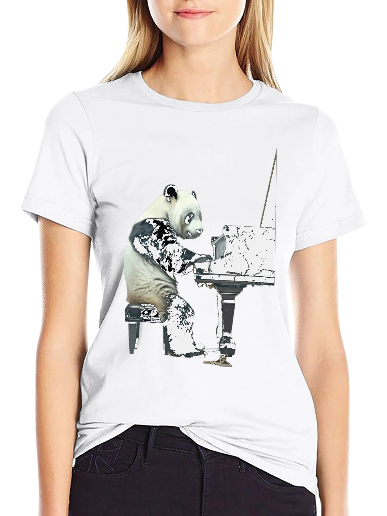 Panda Pianist Graphic Tee - Black Cotton Blend