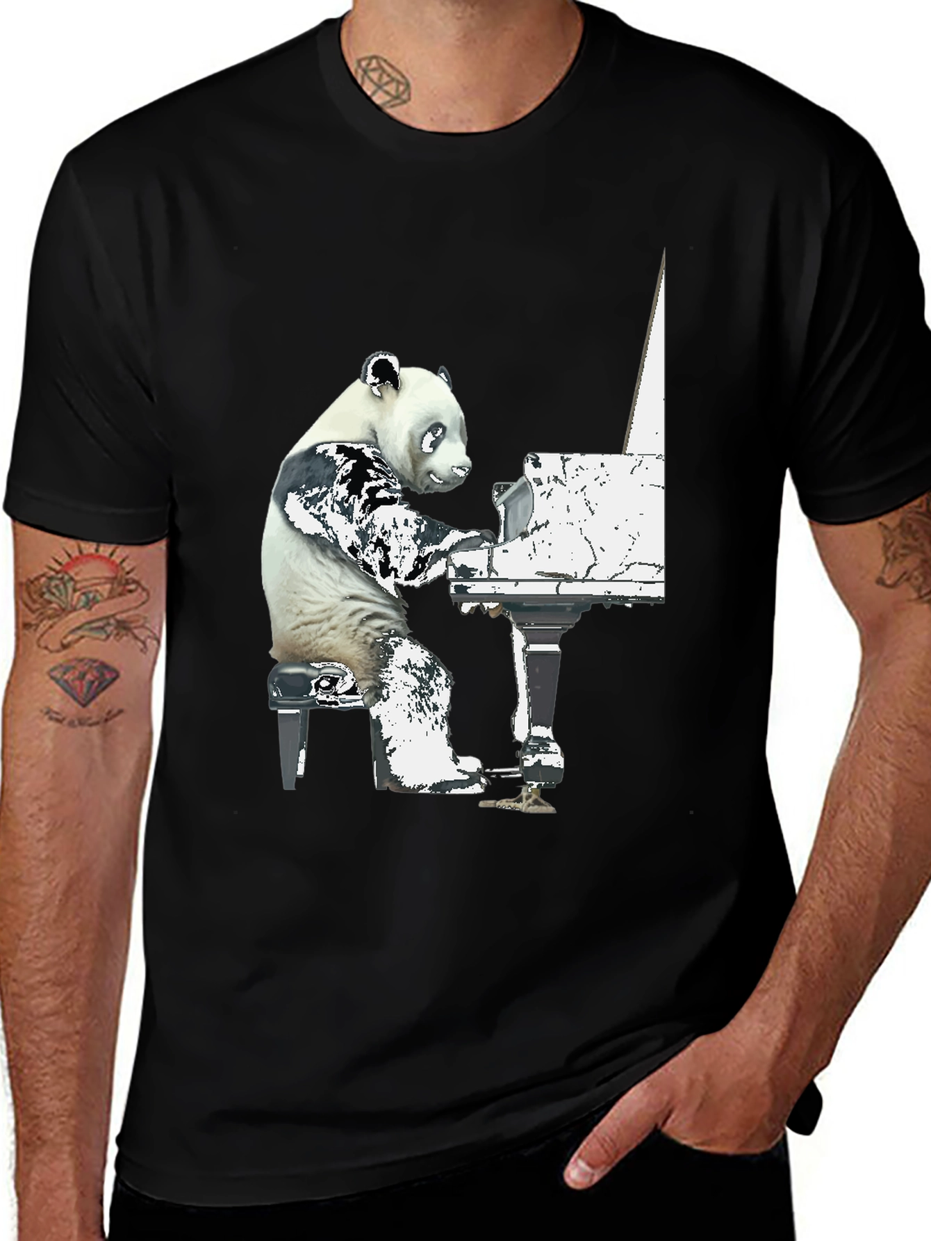 Panda Pianist Graphic Tee - Black Cotton Blend