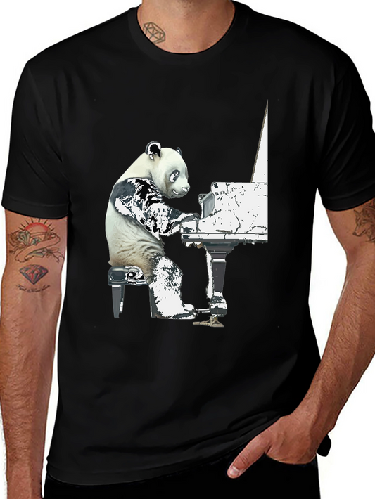 Panda Pianist Graphic Tee - Black Cotton Blend