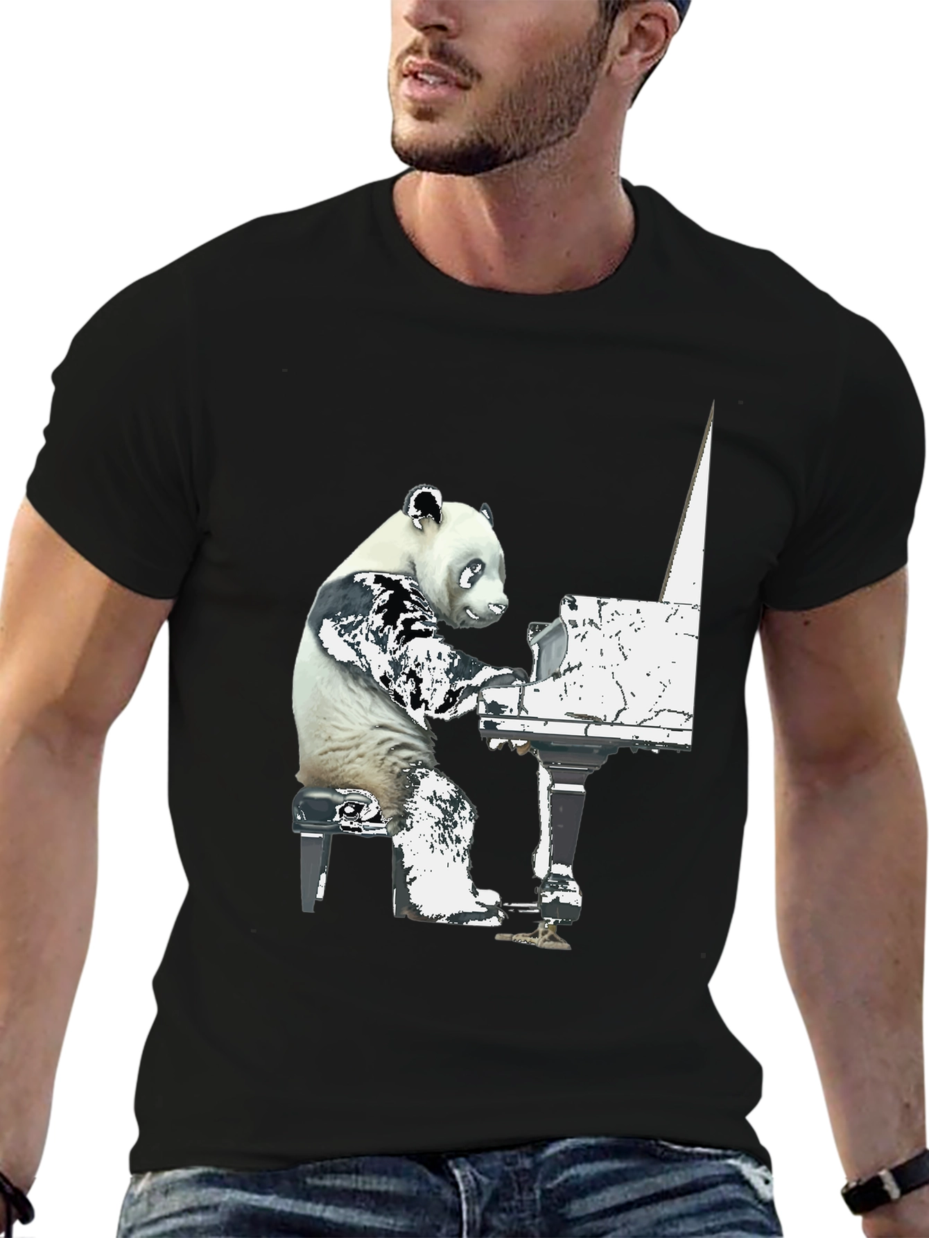 Panda Pianist Graphic Tee - Black Cotton Blend