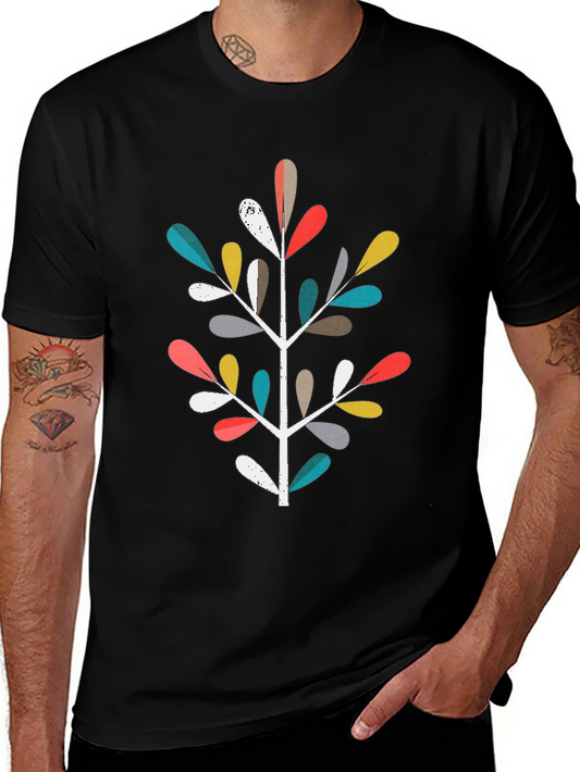 Colorful Leaf Tree Graphic Print Black T-Shirt