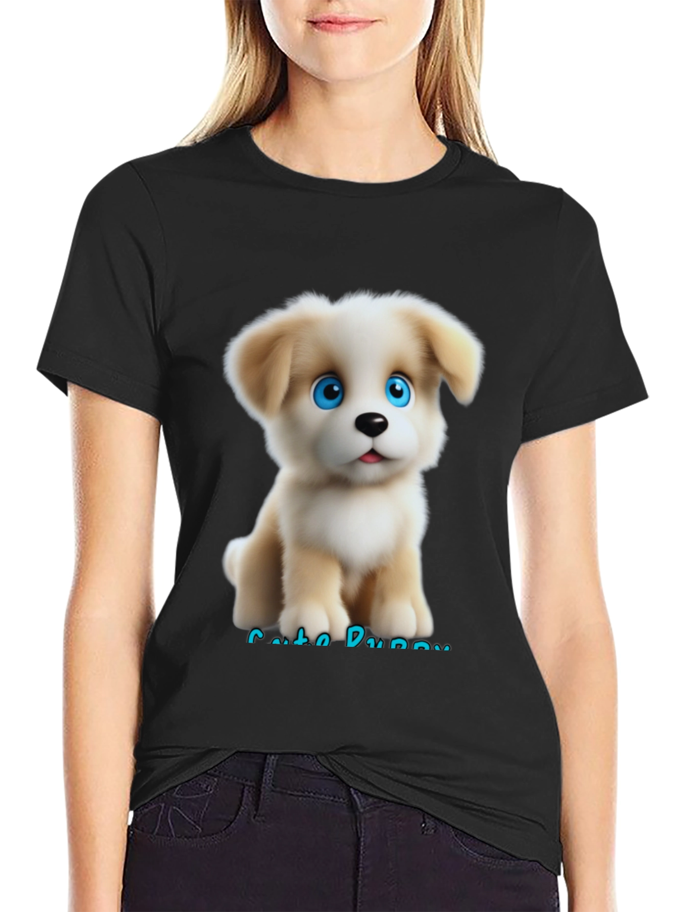 Cute Puppy Graphic Black T-Shirt for Men