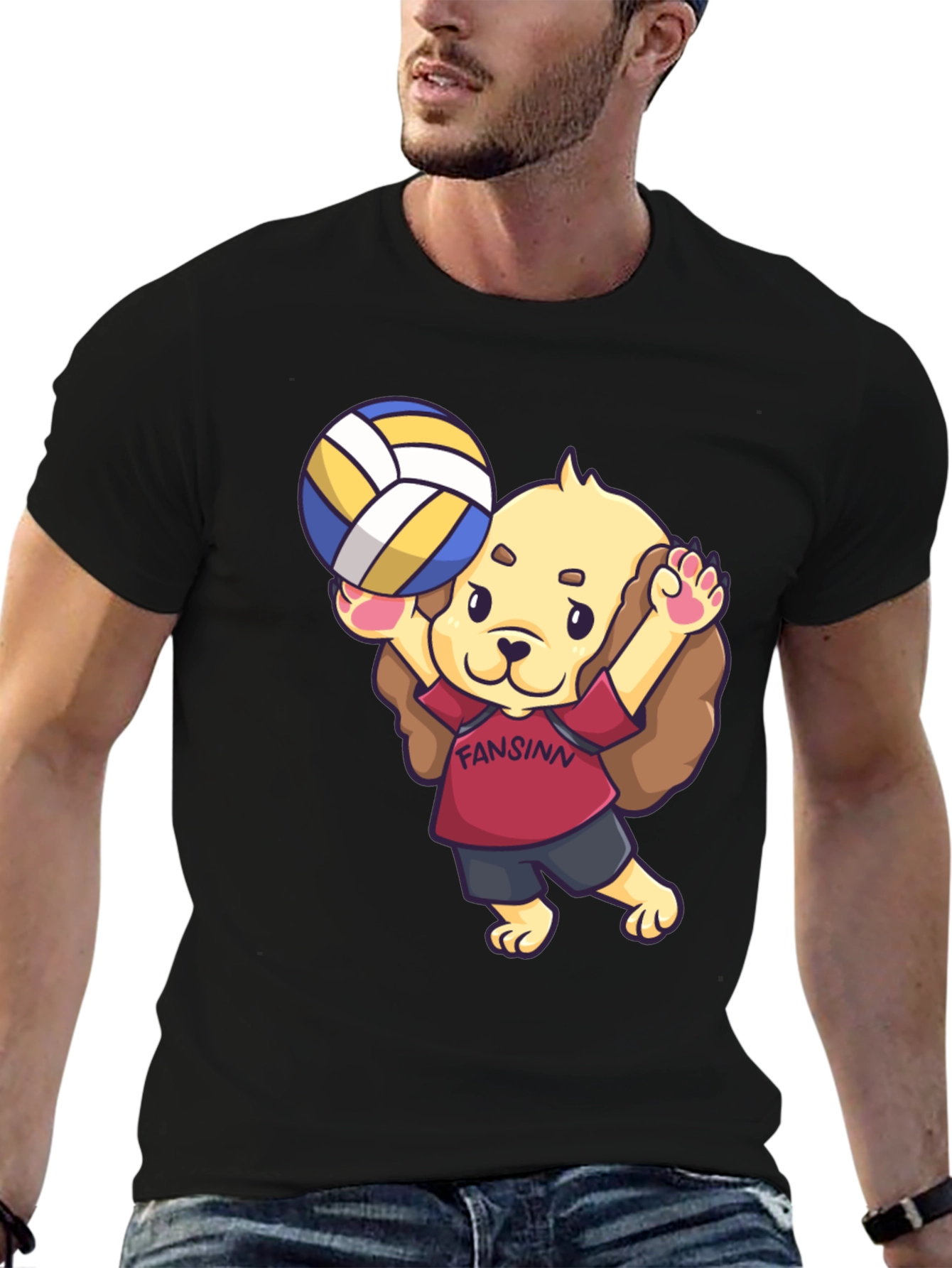 Dog Volleyball Cartoon Black T-Shirt