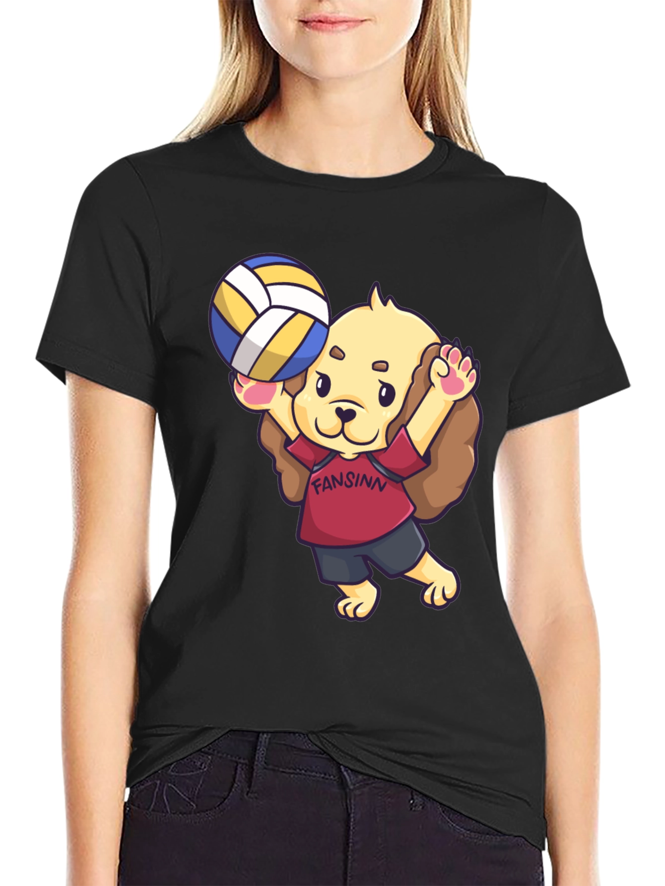 Dog Volleyball Cartoon Black T-Shirt