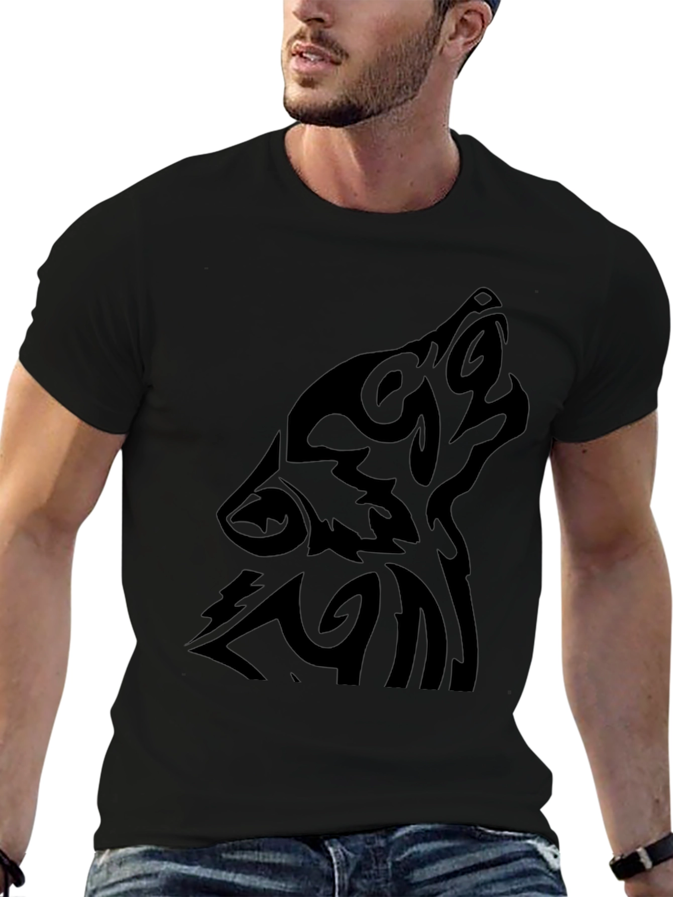 Tribal Wolf Graphic Black T-Shirt