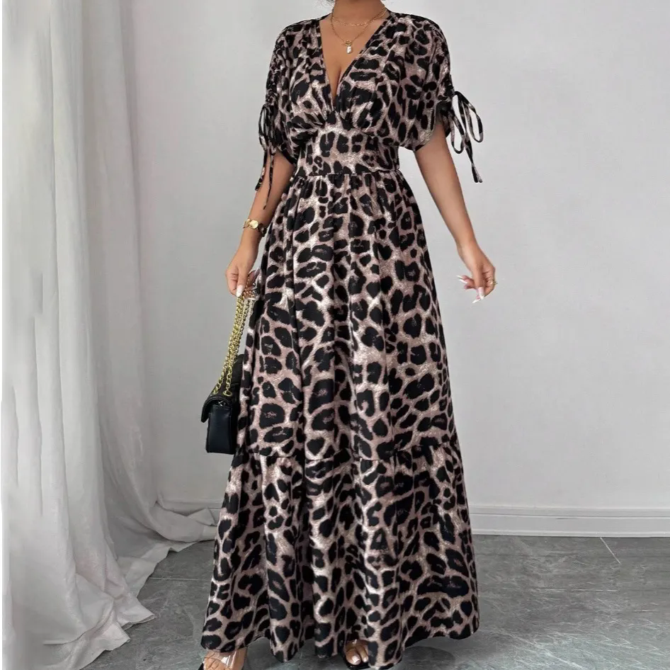 Women's Elegant Leopard Print V-Neck Short Sleeve Loose Dress