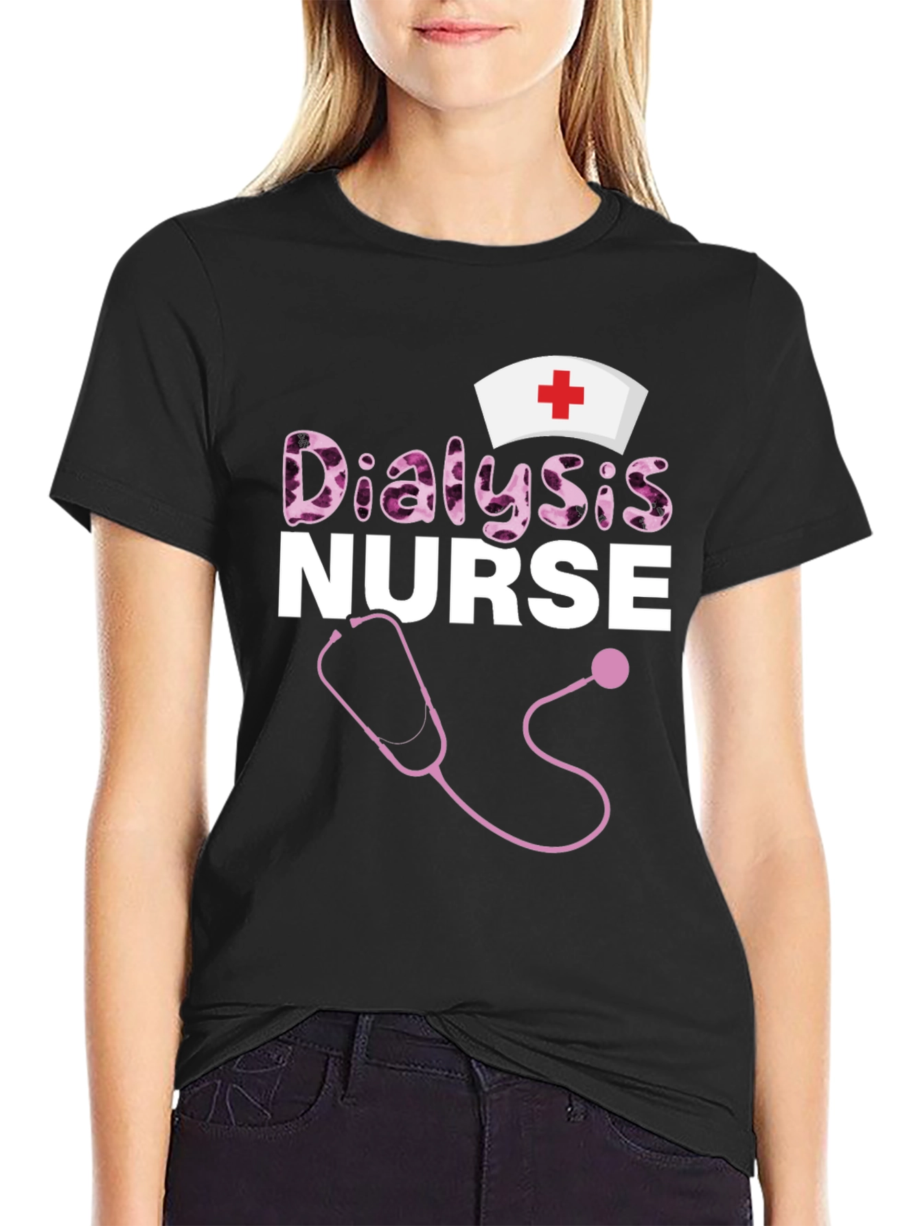 Dialysis Nurse T-Shirt - Stethoscope and Nurse Cap Design